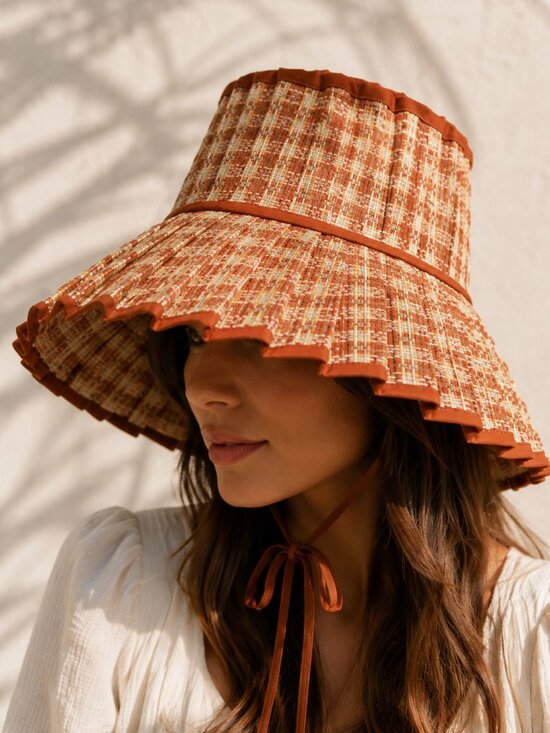 Lorna Murray Accessories - Lorna Murray Capri Hat Medium Pleated Sunhat Rust Gingham Check Luxury Resort